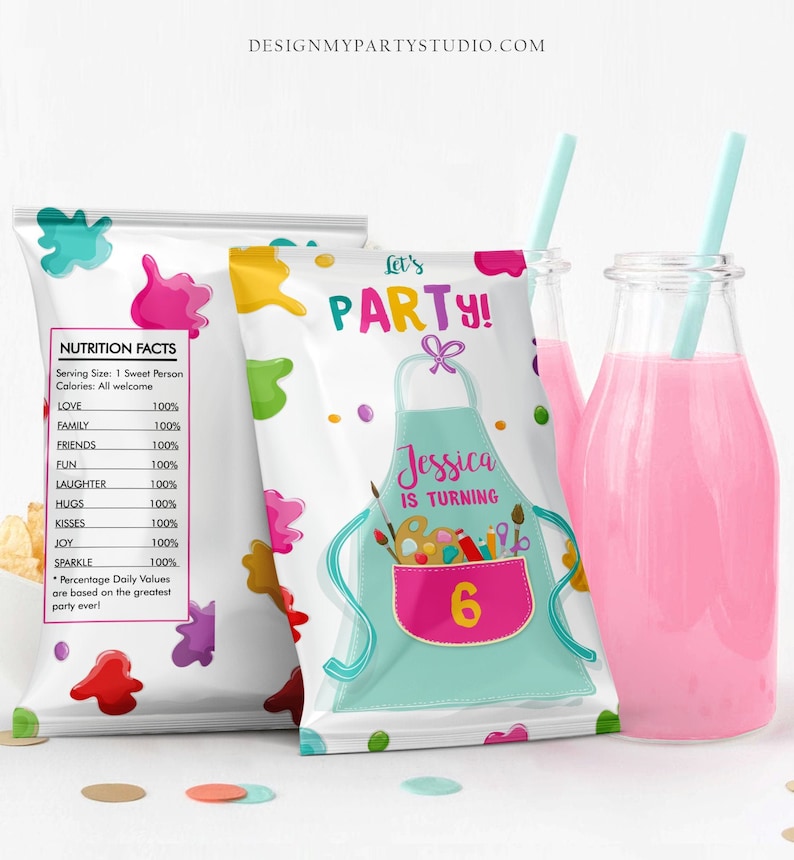 May include: A white chip bag with a colorful paint splatter design. The bag has the text "Let's Party!" and "Jessica is turning 6" on it. The bag is decorated with a blue and green apron with paintbrushes, paint, and scissors in the pocket.