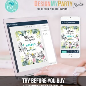 May include: A laptop screen displaying a digital invitation design with a jungle animal theme. The invitation says "Welcome to Mason's First Birthday!" and features a colorful illustration of a zebra, elephant, rhino, and koala. A smartphone screen shows the same design, but with the option to edit text.
