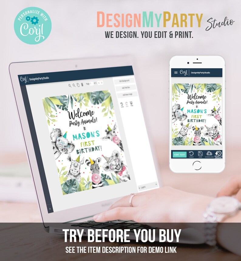 May include: A laptop screen displaying a digital invitation design with a jungle animal theme. The invitation says "Welcome to Mason's First Birthday!" and features a colorful illustration of a zebra, elephant, rhino, and koala. A smartphone screen shows the same design, but with the option to edit text.