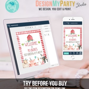 May include: A digital design template for a welcome sign for a farm-themed birthday party. The sign features a red barn, a checkered red and white background, and a pig, sheep, and cow. The text on the sign reads "Welcome to Mason's 1st Birthday Party!"