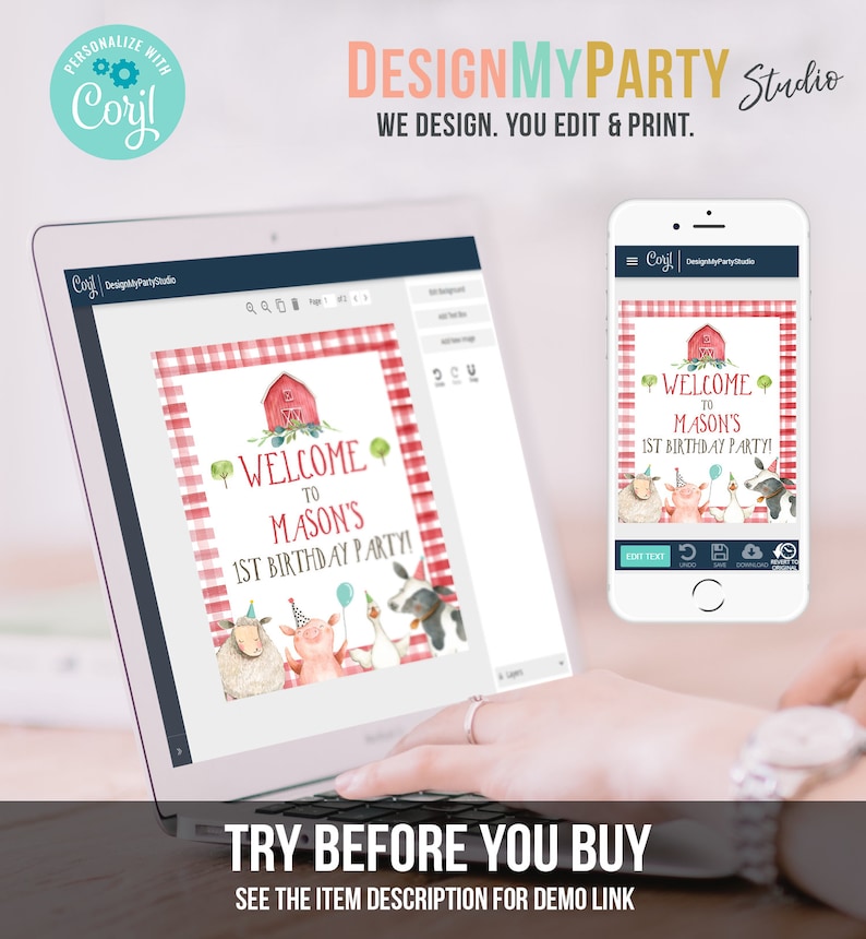 May include: A digital design template for a welcome sign for a farm-themed birthday party. The sign features a red barn, a checkered red and white background, and a pig, sheep, and cow. The text on the sign reads "Welcome to Mason's 1st Birthday Party!"