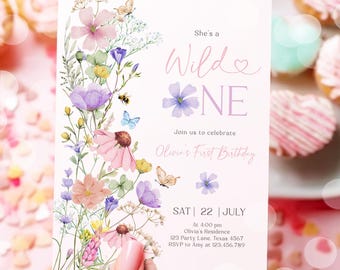 Bewerkbare Wildflower Wild One verjaardagsuitnodiging bloemen 1e verjaardag Daisy Butterfly Meadow Girl digitale downloadsjabloon afdrukbare 0543