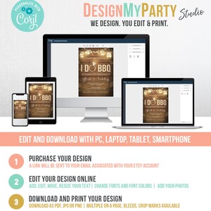 May include: A digital mockup of a rustic wood-themed engagement party invitation with string lights and mason jars. The invitation says "I Do BBQ" and features the names "Josh & Ashley". The image shows a computer screen, a tablet, and a smartphone, all displaying the same invitation. The text below the image says "Edit and Download with PC, Laptop, Tablet, Smartphone".