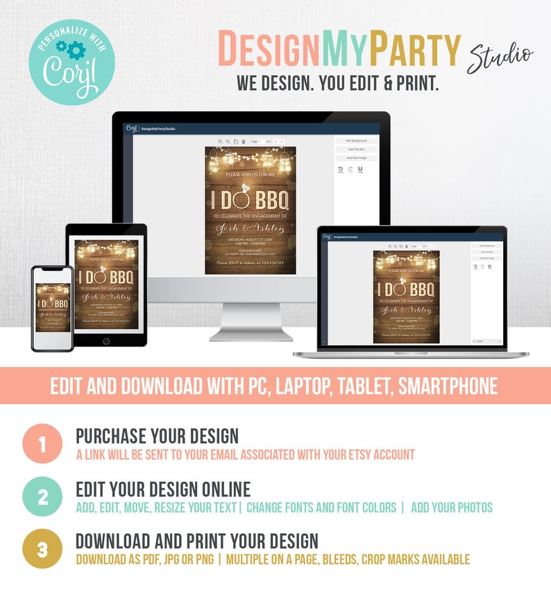 May include: A digital mockup of a rustic wood-themed engagement party invitation with string lights and mason jars. The invitation says "I Do BBQ" and features the names "Josh & Ashley". The image shows a computer screen, a tablet, and a smartphone, all displaying the same invitation. The text below the image says "Edit and Download with PC, Laptop, Tablet, Smartphone".