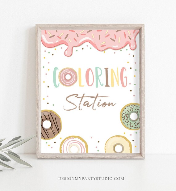 Donut Coloring Station Sign Donut Birthday Party Sign Table Decor