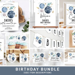 Space Birthday Invitation Bundle Space Party 1st Birthday First Trip Around the Sun Galaxy Boy Astronaut Blast Printable Corjl Template 0357