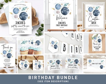 Space Birthday Invitation Bundle Space Party 1st Birthday First Trip Around the Sun Galaxy Boy Astronaut Blast Printable Corjl Template 0357