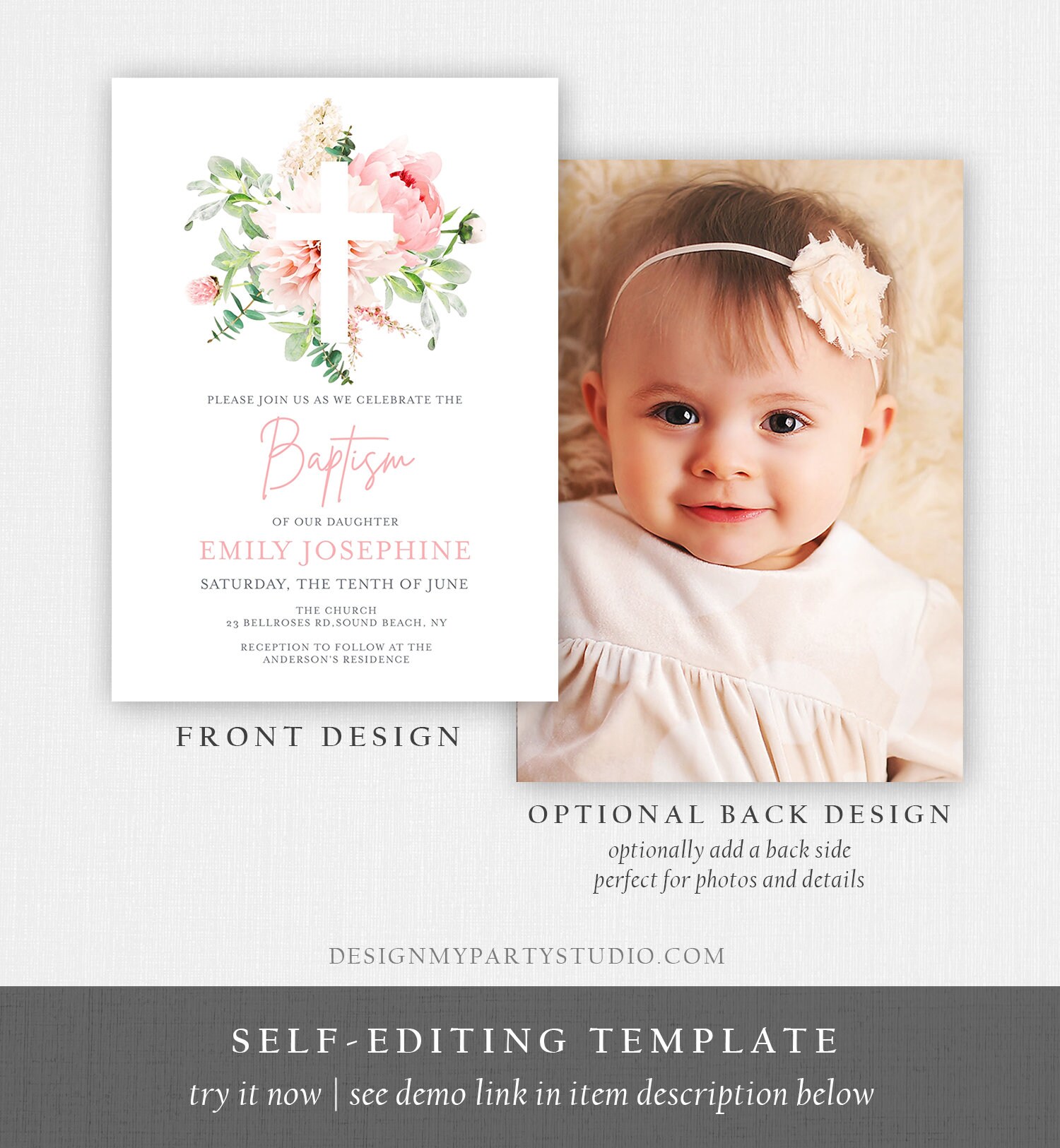 Editable Floral Baptism Invitation Pink Girl Botanical Flowers Etsy