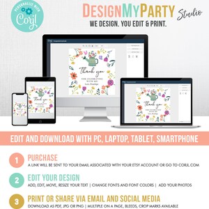 May include: A digital design template for a thank you card with a watering can and flowers. The text on the card says "Thank you for celebrating with me. Love, Penelope".