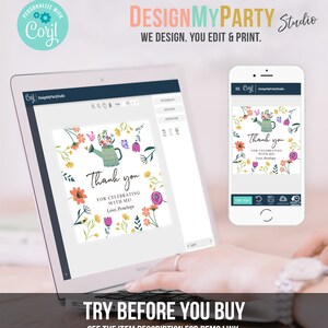 May include: A digital mockup of a thank you card with a floral design. The card features a watering can with flowers and butterflies. The text on the card reads "Thank you for celebrating with me! Love, Penelope".