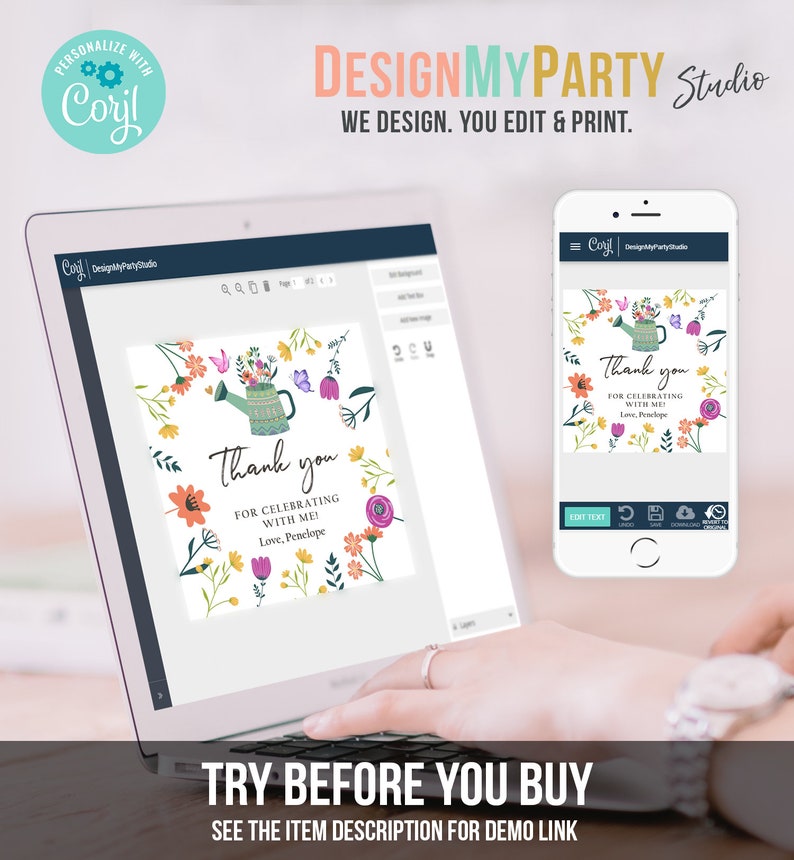 May include: A digital mockup of a thank you card with a floral design. The card features a watering can with flowers and butterflies. The text on the card reads "Thank you for celebrating with me! Love, Penelope".