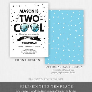 Editable Two Cool Birthday Invitation Boy Second Birthday Party 2nd I'm this Many I'm Two Cool Sunglasses Palm Printable Corjl Template 0136 image 6