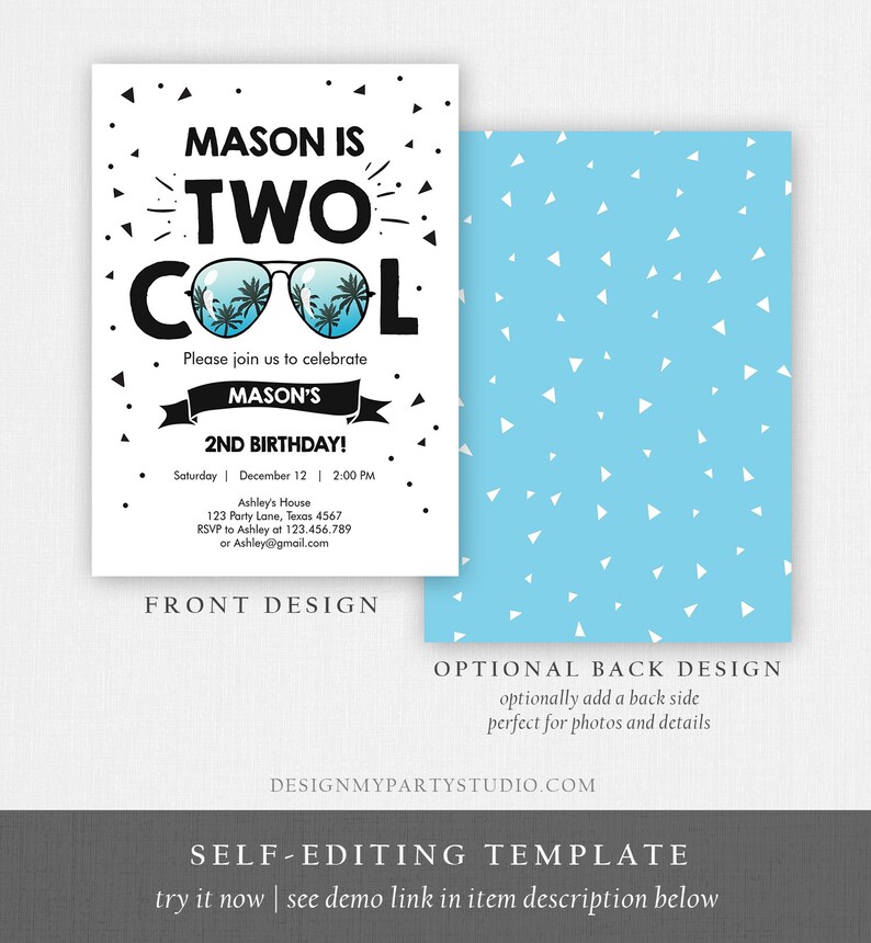 Editable Two Cool Birthday Invitation Boy Second Birthday Party 2nd I'm this Many I'm Two Cool Sunglasses Palm Printable Corjl Template 0136 image 6