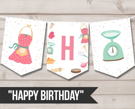 Happy Birthday Banner Cooking Birthday Banner Kitchen Baking Party Birthday Girl Decoration Instant download PRINTABLE DIGITAL DIY 0219 Il_570xn
