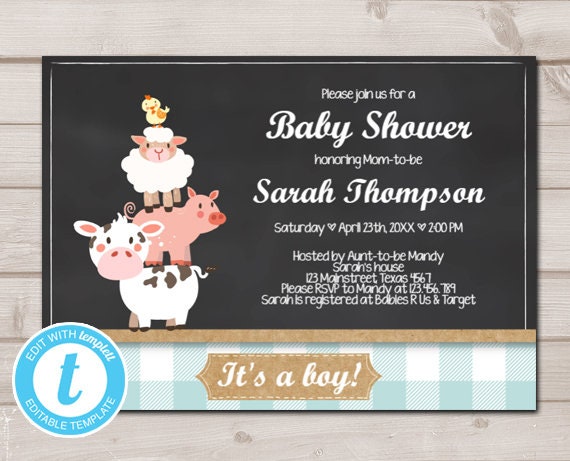 Farm Baby Shower Invitation Country Shower Farm Animals Blue Baby boy Download Printable Invitation Template Editable Templett Digital 0064 Il_570xn