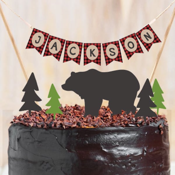 Lumberjack Cake Topper Bear Birthday Lumberjack Party Name Banner Buffalo Plaid Bear Woodland party decor Wild One PRINTABLE Digital 0026