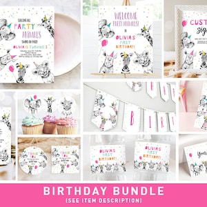 Paquete de invitaciones de cumpleaños con temática de animales de fiesta, animales salvajes, zoológico, safari, niña, dos, paquete de fiesta salvaje, plantilla imprimible Corjl 0390
