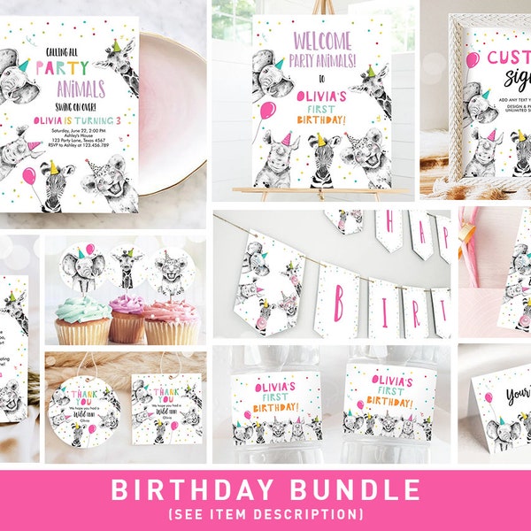 Party Animals Birthday Invitation Bundle Wild One Animals Zoo Safari Animals Girl Two Wild Party Pack Jungle Printable Corjl Template 0390