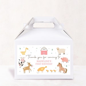 Editable Farm Animals Gable Gift Box Label Pink Farm Birthday Girl ...