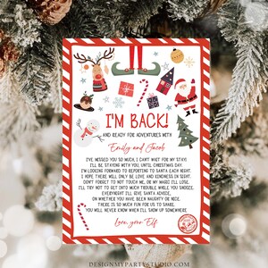 May include: A Christmas-themed letter with the text "I'M BACK!" and illustrations of a reindeer, elf shoes, a snowman, and Santa Claus. The letter is addressed to "Emily and Jacob" and includes a message from an elf.