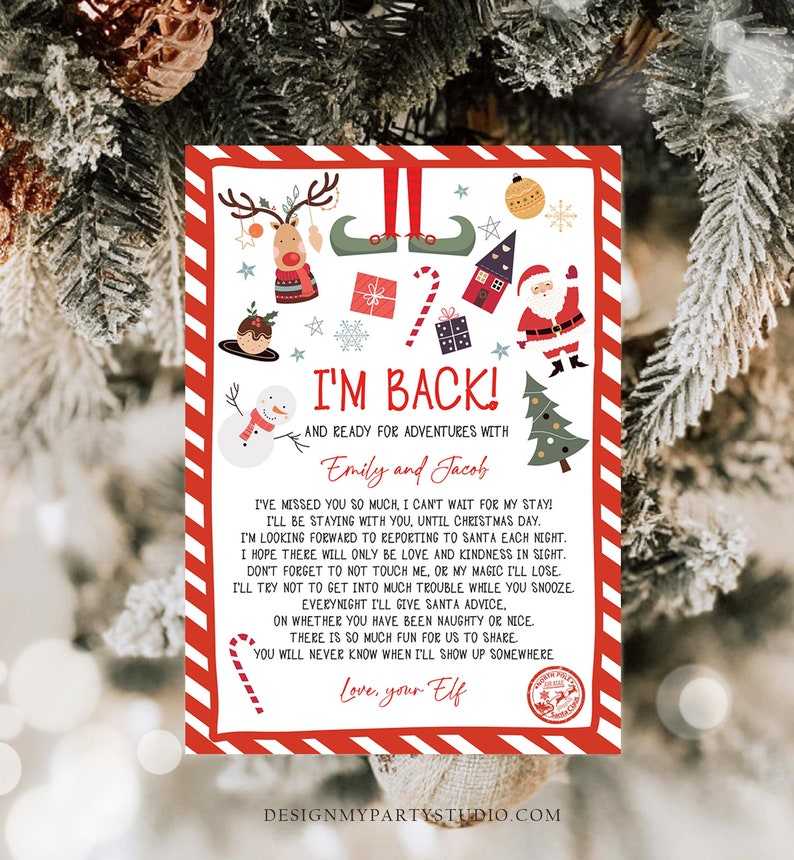 May include: A Christmas-themed letter with the text "I'M BACK!" and illustrations of a reindeer, elf shoes, a snowman, and Santa Claus. The letter is addressed to "Emily and Jacob" and includes a message from an elf.