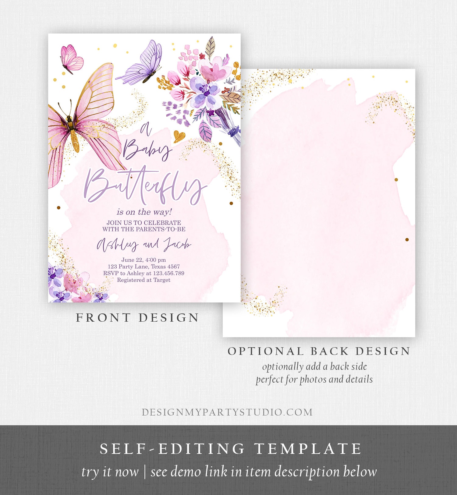 Editable Butterfly Baby Shower Invitation Purple Butterfly on the Way ...