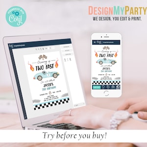 May include: A blue and white race car themed birthday invitation with the text "Growing up TWO FAST" and "Jacob's 2nd Birthday". The invitation is displayed on a laptop screen and a mobile phone.
