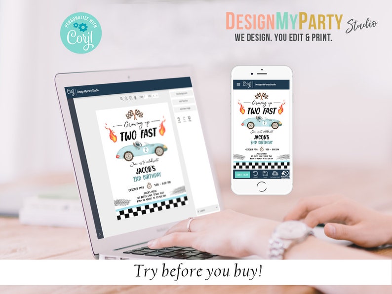 May include: A blue and white race car themed birthday invitation with the text "Growing up TWO FAST" and "Jacob's 2nd Birthday". The invitation is displayed on a laptop screen and a mobile phone.