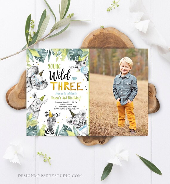 Editable Young Wild and Three Invitation Safari Animals Party Animals Boy Gold Third Birthday 3rd Zoo Digital Corjl Template Printable 0322 Il_570xn