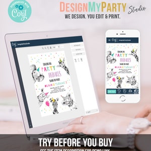 May include: A digital mockup of a printable party invitation featuring a colorful design with animal illustrations and the text "Calling all Party Animals! Olivia is turning 3".