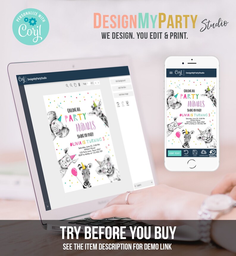 May include: A digital mockup of a printable party invitation featuring a colorful design with animal illustrations and the text "Calling all Party Animals! Olivia is turning 3".