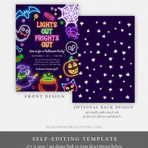 May include: Halloween party invitation with a neon design. The front features a bat, ghost, spider, skull, witch, cauldron, and cat. Text reads "LIGHTS OUT FRIGHTS OUT" and party details. The back has white stars on a dark purple background.