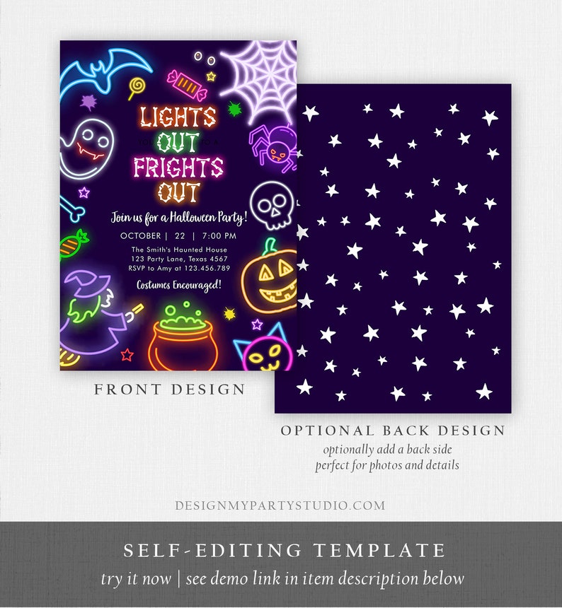 May include: Halloween party invitation with a neon design. The front features a bat, ghost, spider, skull, witch, cauldron, and cat. Text reads "LIGHTS OUT FRIGHTS OUT" and party details. The back has white stars on a dark purple background.