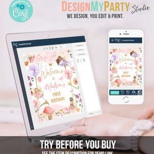 May include: A digital design template for a welcome sign with a pink, gold, and green floral theme. The text on the sign reads "Welcome to Madison's First Birthday".