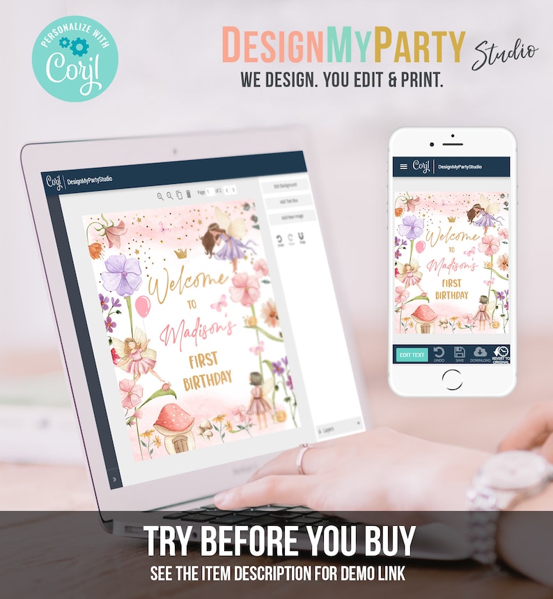 May include: A digital design template for a welcome sign with a pink, gold, and green floral theme. The text on the sign reads "Welcome to Madison's First Birthday".