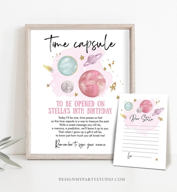 Editable Outer Space Time Capsule First Birthday Party Astronaut Rocket Space Girl Pink Moon Planets Guestbook Template Printable Corjl 0357 By Design My Party Studio Catch My Party