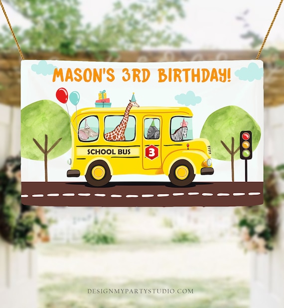 Editable Wheels on the Bus Backdrop Banner School Bus Birthday Boy Wheels on The Bus Birthday Party Download Corjl Template Printable 0325 Il_570xn