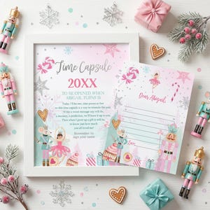 Printable Nutcracker Time Capsule sign in pink and silver with Sugar Plum Fairy ballet theme, 8x10 inch format for first birthday party decoration