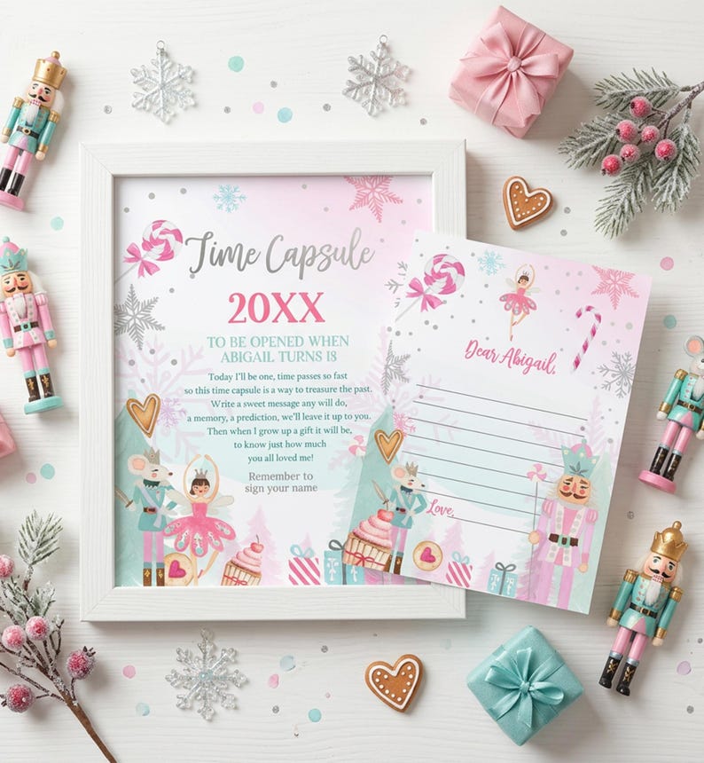 Printable Nutcracker Time Capsule sign in pink and silver with Sugar Plum Fairy ballet theme, 8x10 inch format for first birthday party decoration