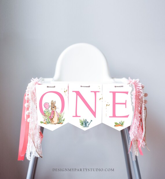 Flopsy Bunny High Chair Banner Flopsy Bunny 1st First Birthday Girl High Chair ONE Banner Pink Rustic Party Decor PRINTABLE Digital 0351 Il_570xn