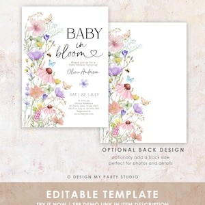 May include: A baby shower invitation with a floral design. The invitation features a watercolor illustration of pink, purple, and yellow flowers with butterflies and bees. The text on the invitation reads "Baby in Bloom" and includes the date and time of the shower. The invitation also includes the name of the person being honored, Olivia Anderson.