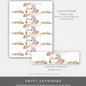 May include: Printable 8x2 inch labels featuring a white horse with a floral crown and the text "Sophie's 3rd Birthday". The labels are designed for use on water bottles or other beverage containers. The design includes pink and gold accents.