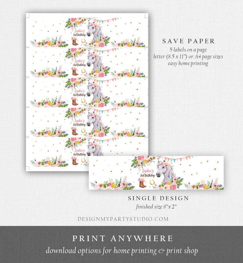 May include: Printable 8x2 inch labels featuring a white horse with a floral crown and the text "Sophie's 3rd Birthday". The labels are designed for use on water bottles or other beverage containers. The design includes pink and gold accents.