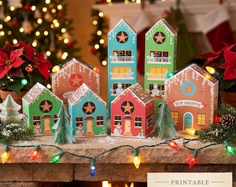 Casas imprimibles para calendario de Adviento, cajas de papel para pueblo navideño DIY, cuenta regresiva para Navidad, calendario navideño infantil, descarga digital instantánea
