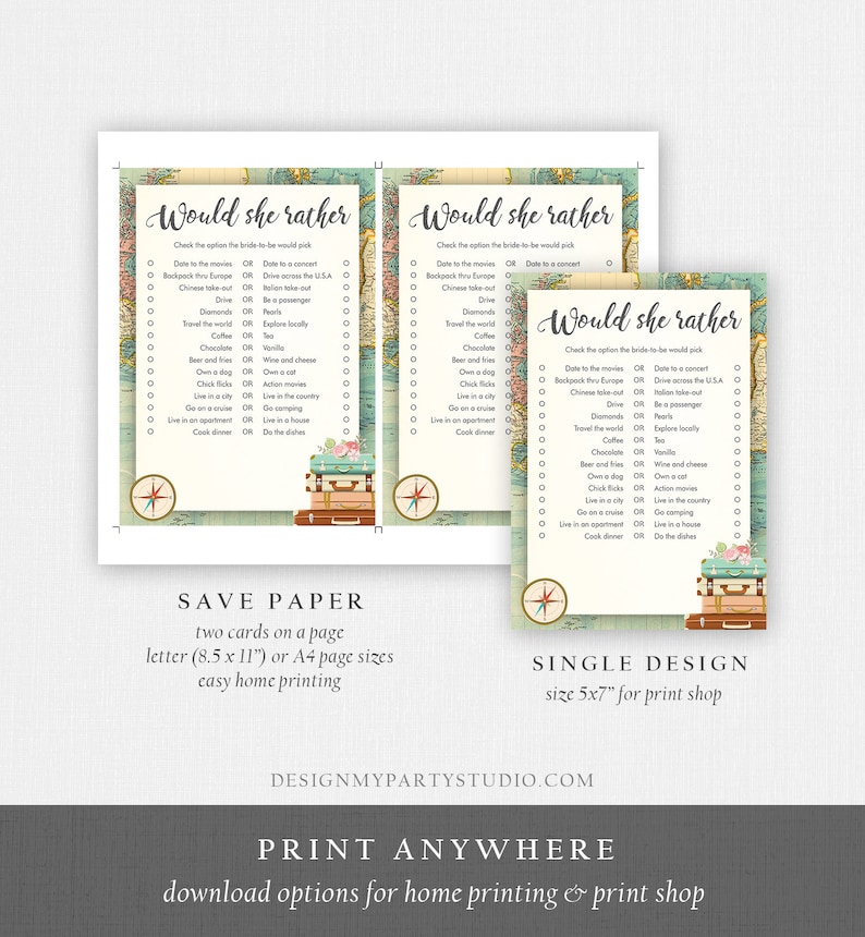 Editable Would She Rather Bridal Shower Game Travel Would the Bride Wedding Shower Activity Vintage Map Party Corjl Template Printable 0044 image 4