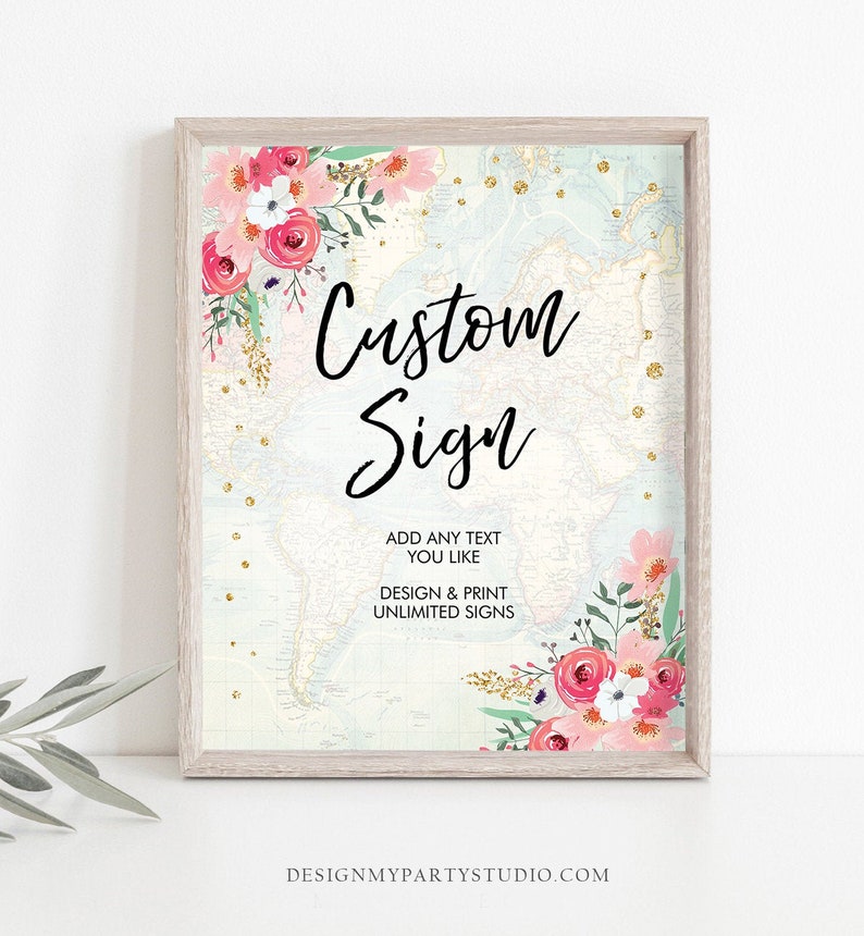 Editable Custom Sign Floral Travel Adventure Bridal Shower Traveling Flowers Pink Gold Confetti Download Corjl Template PRINTABLE 0030 image 1