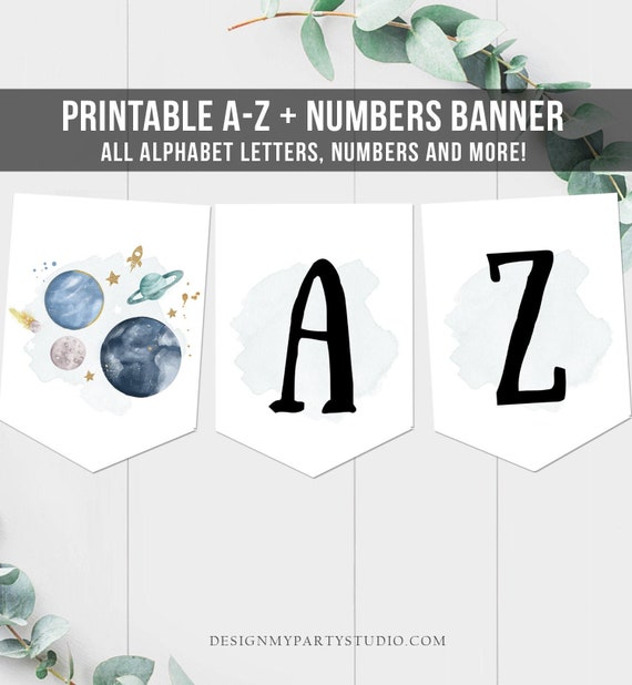 space alphabet banner letters a to z numbers space birthday banner boy blue galaxy party decor diy baby shower banner diy printable 0357 by design my party studio catch my party