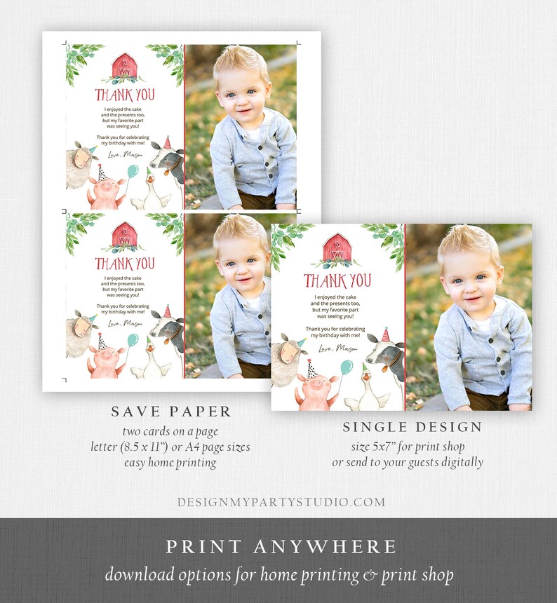 Editable Farm Animals Thank You Card Red Gingham Farm Birthday Boy ...