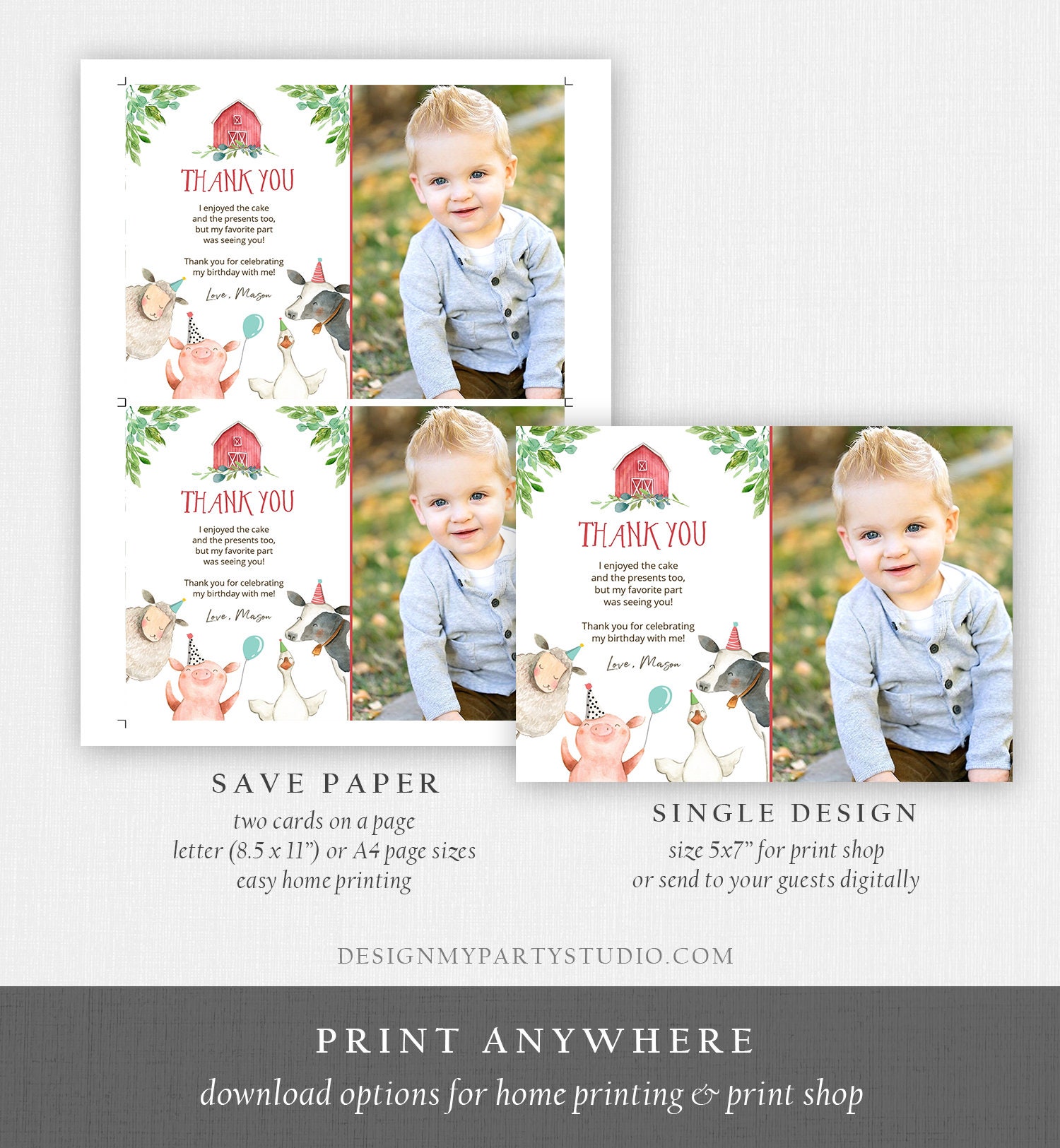 Editable Farm Animals Thank You Card Red Gingham Farm Birthday Boy ...