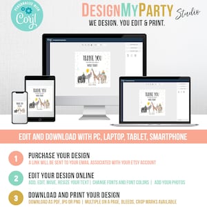 Op de afbeelding: Een digitale mockup van een bedankkaart met een jungledieren thema. De kaart toont een giraffe, zebra, olifant en aap. De tekst op de kaart luidt "Thank You We hope you had a wild time!" De kaart wordt weergegeven op een computerscherm, een laptop, een tablet en een smartphone. De tekst "DesignMyParty Studio" staat bovenaan de afbeelding. De tekst "We design. You edit & print." staat onder de tekst "DesignMyParty Studio".